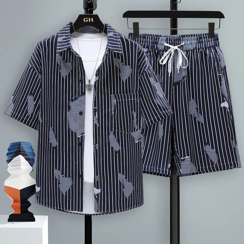 Men's grey casual polyester short sleeve top and matching shorts laid flat.