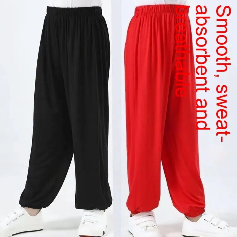 Children's black high-elasticity Lycra practice pants for martial arts training with Asian sizing.