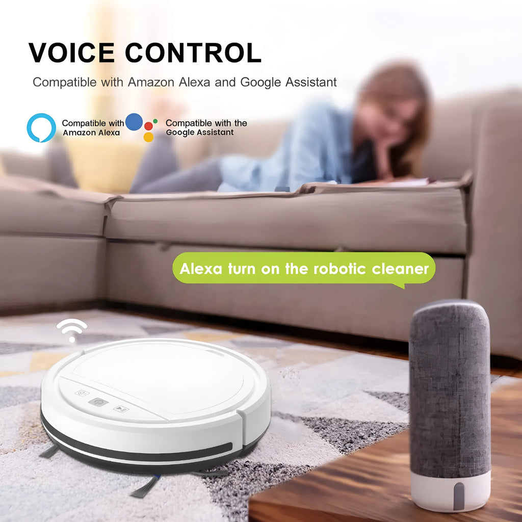 Black automatic recharge vacuum cleaner with remote control on a hard floor, showing its charging base
