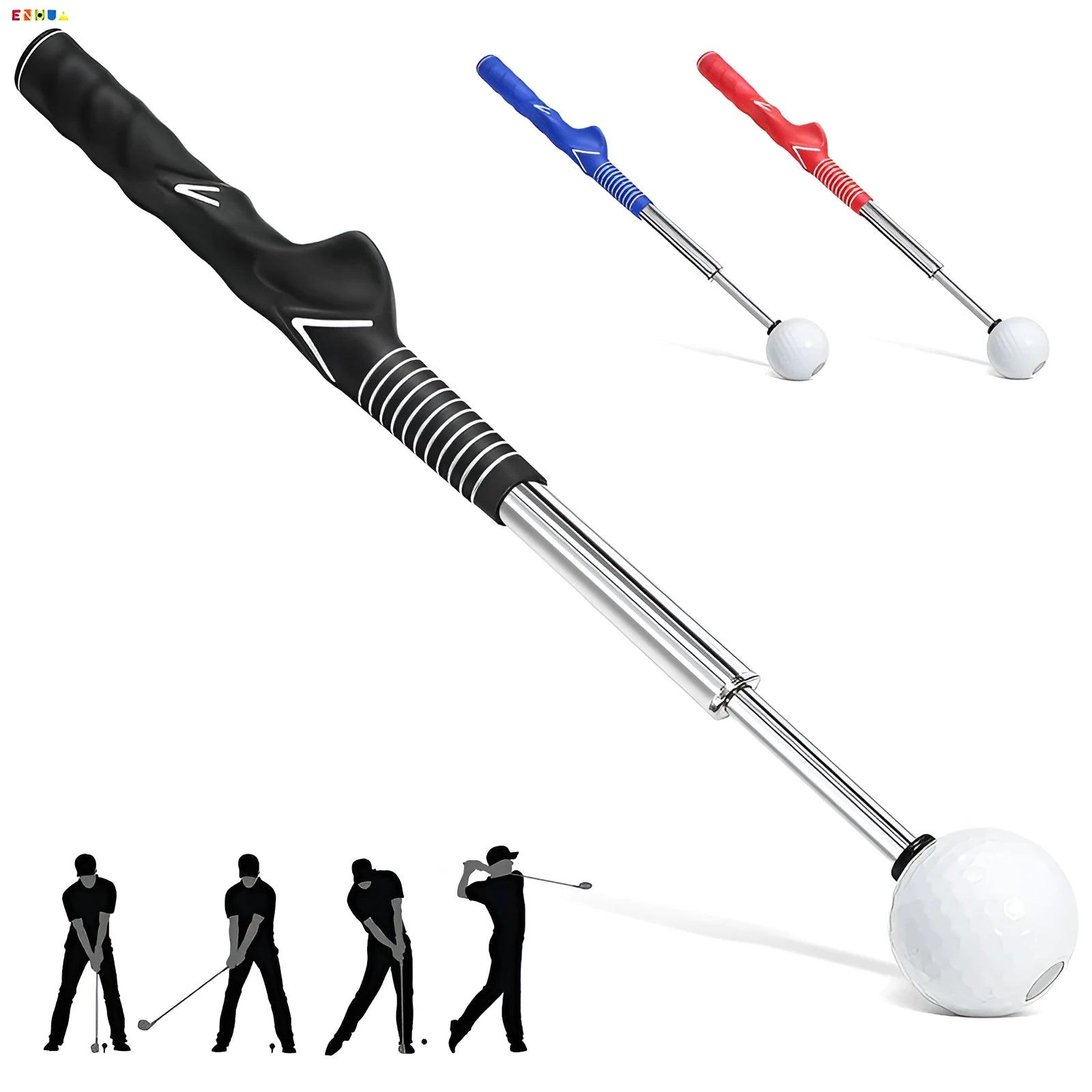 Telescopic stainless steel golf swing simulator trainer in black, blue, or red colour.