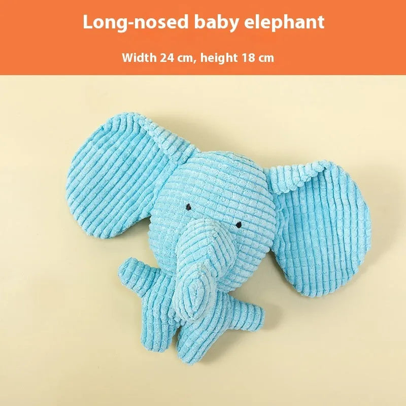Assortment of soft plush pet toys including a rechargeable duck, a donkey, and companion animals for puppy teething.