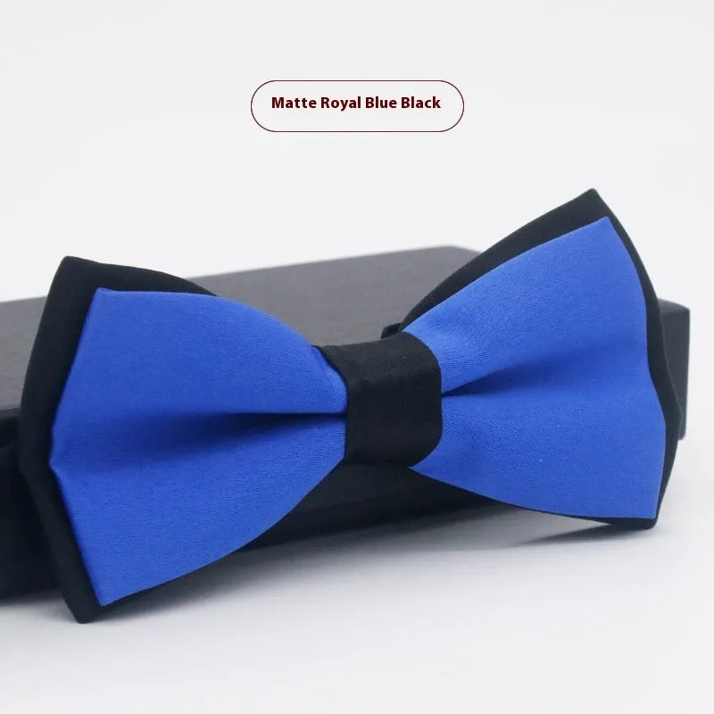 Men's flat head style polyester bow tie in a solid colour, shown with adjustable neck strap.
