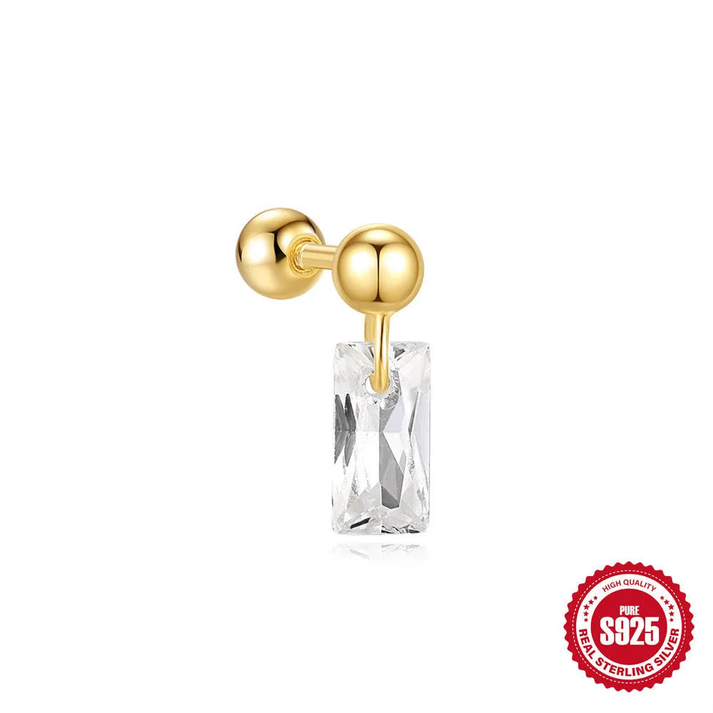 S925 sterling silver red earrings with square gravel studs and golden electroplated finish