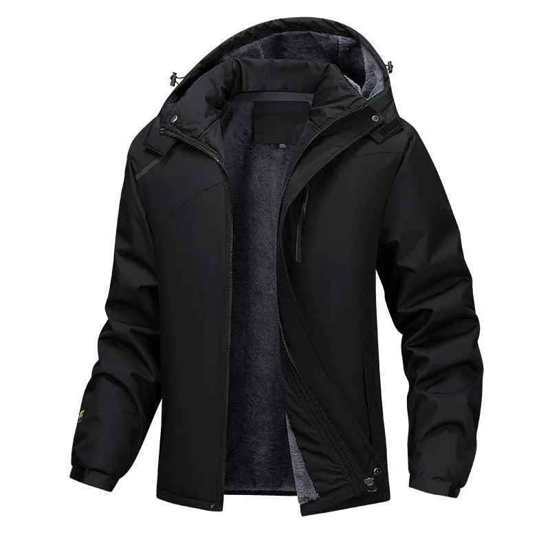 Men's plus size loose-fit hooded winter coat in army green, shown on a model.