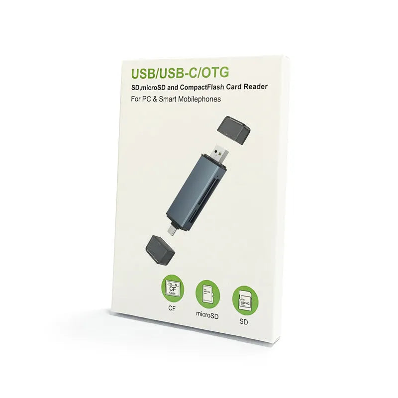 CF SD TF three-in-one card reader with USB 2.0 and TYPE-C interfaces in aluminium alloy casing