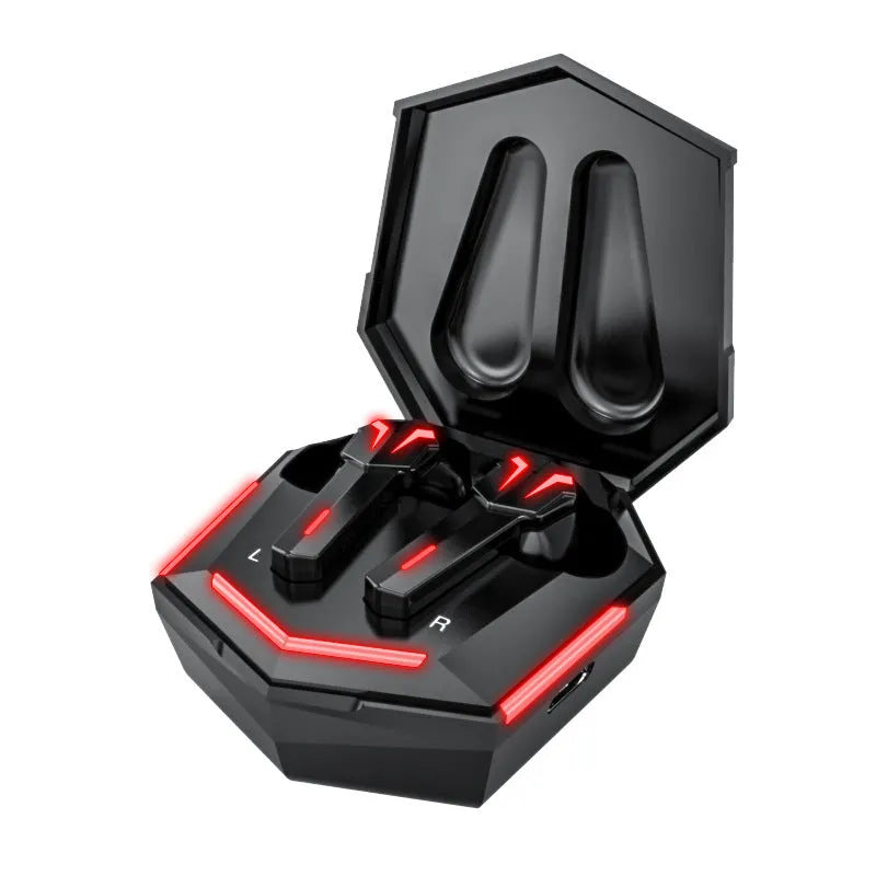 TWS Bluetooth gaming earphones with low latency, stereo earbuds, battery display, and voice control