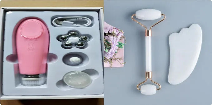 White jade double-headed facial roller and gua sha scraping tool set with a wooden storage board.