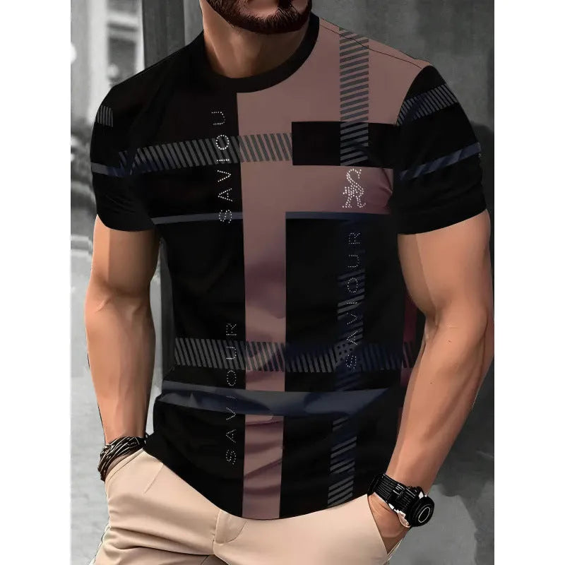 Men's striped short-sleeved t-shirt with digital 3D printing in loose fit polyester