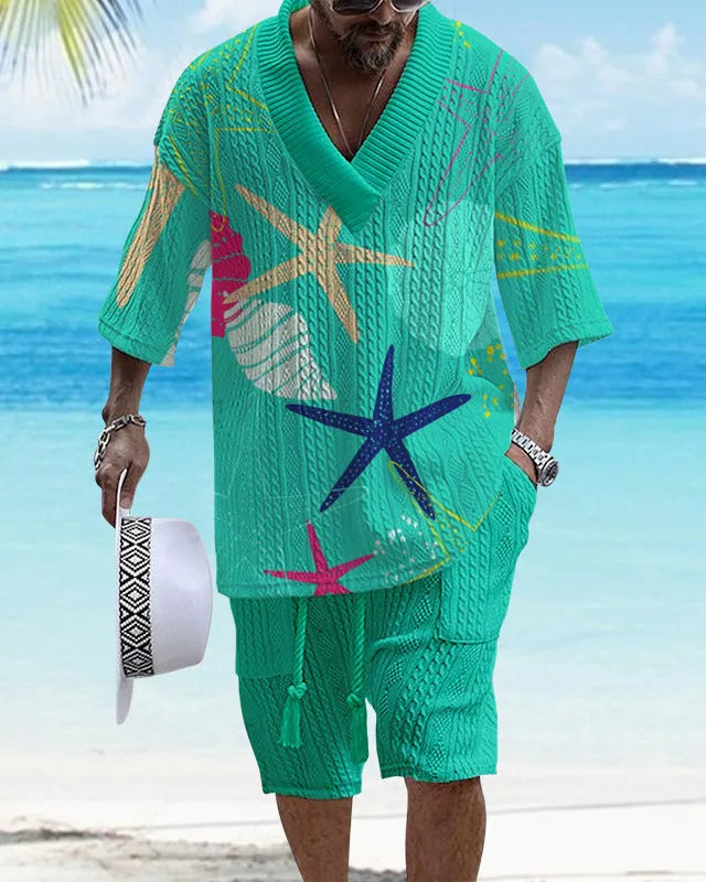 Man wearing a loose fit casual short sleeve top and matching shorts suit set