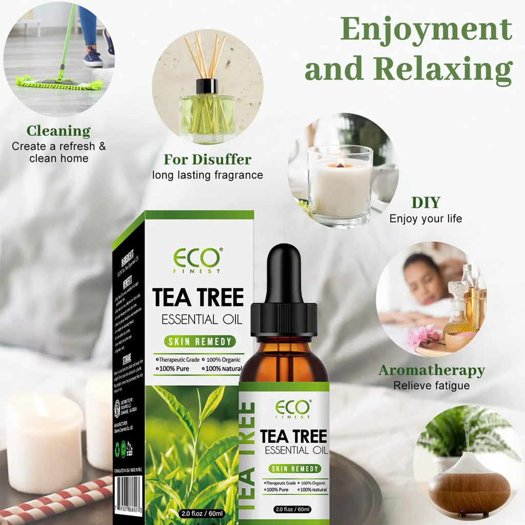 60ml bottle of pure tea tree essential oil for acne treatment and skin blemish reduction