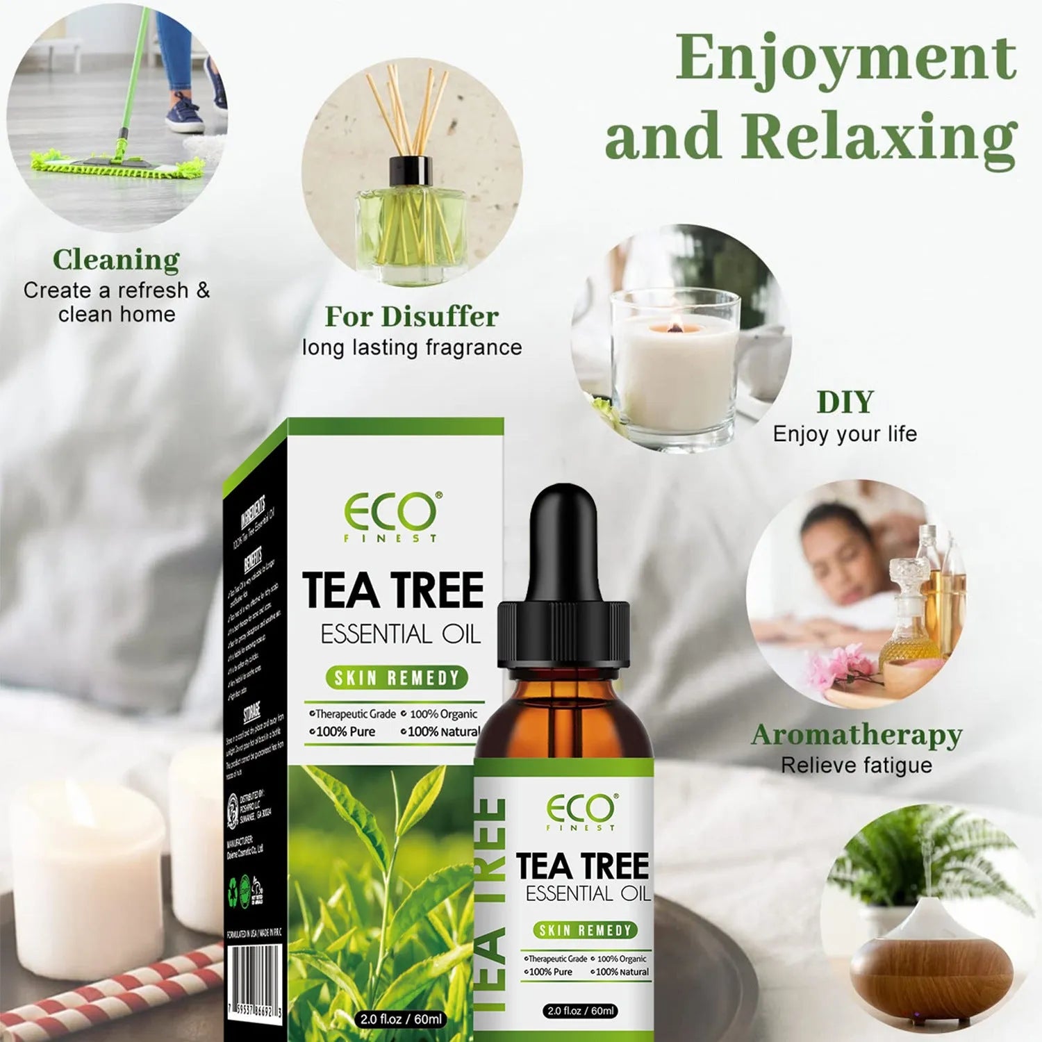 60ml bottle of pure tea tree essential oil for acne treatment and skin blemish reduction
