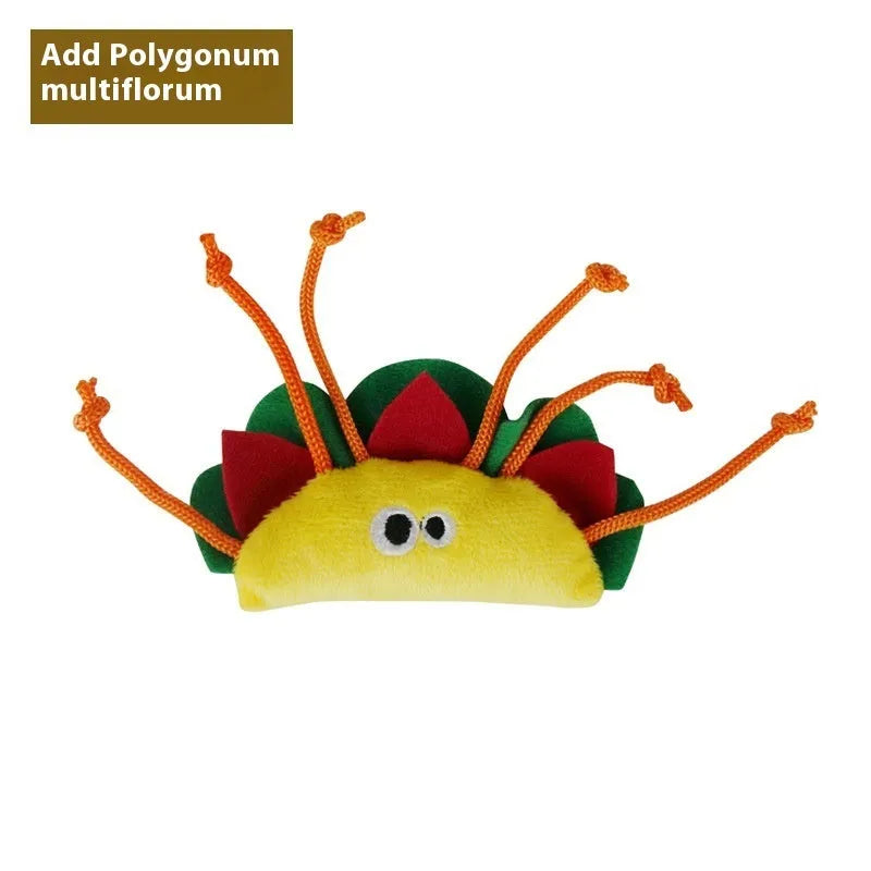 Set of six plush cat pillow toys shaped like a burrito, pineapple, pizza, cone, cucumber, and mushroom.