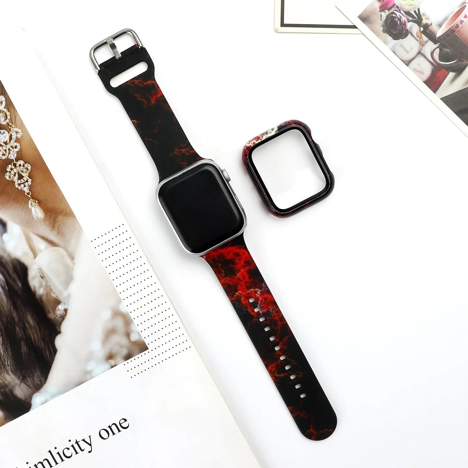 Printed silicone replacement strap for Apple iWatch models showing multiple design options and size selections.