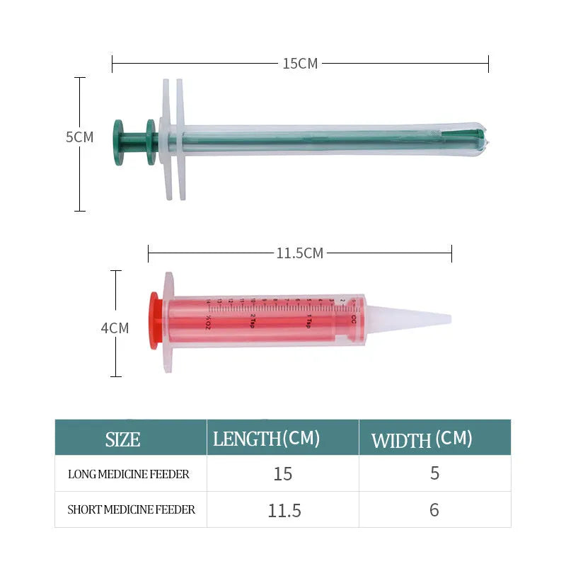 Two pet pill shooter syringes with soft silicone tips for administering tablets to cats and dogs
