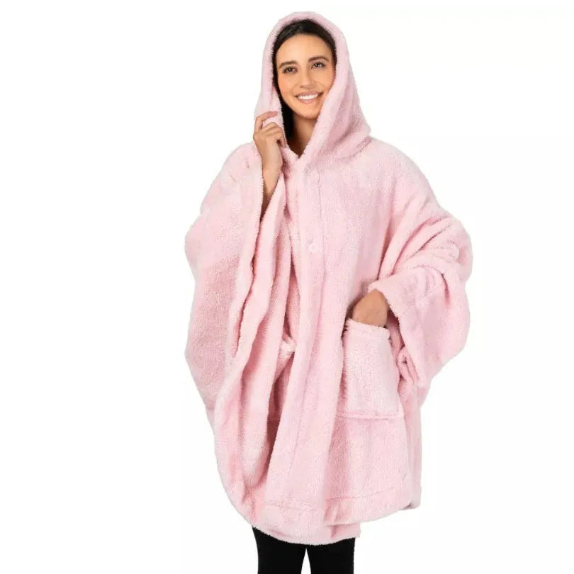 Thick hooded bathrobe in black colour with long sleeves and cardigan-style front