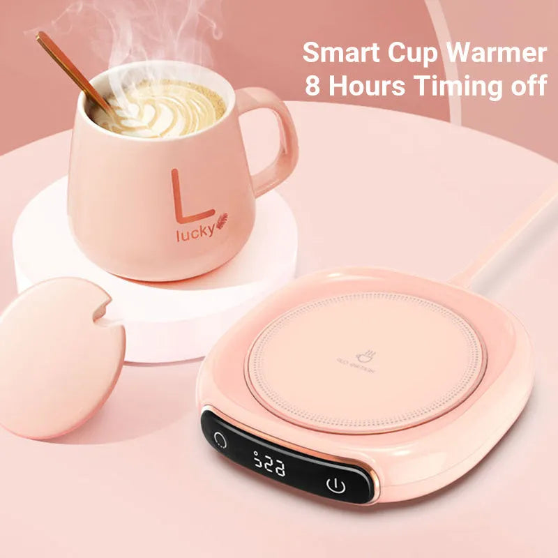 USB coffee mug warmer coaster in white on a desk, with a mug of coffee on top, 130x110x23mm, 10W constant temperature heating pad