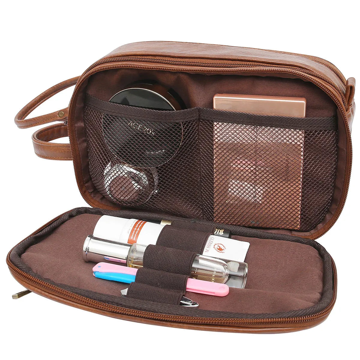 Men's black PU leather toiletries bag for travel storage of grooming essentials