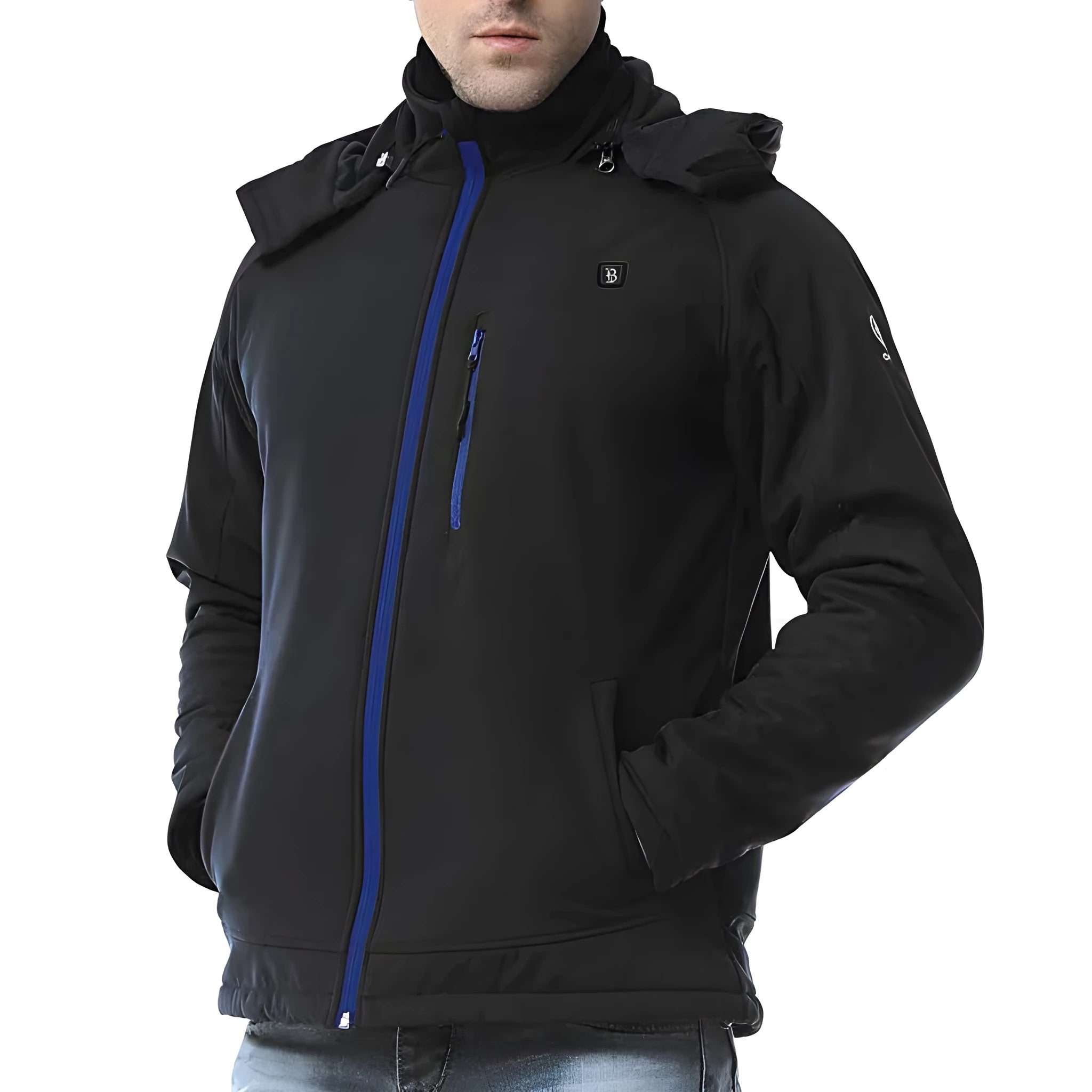 Black USB winter waterproof windproof thermal coat for men with long sleeves and zipper pocket