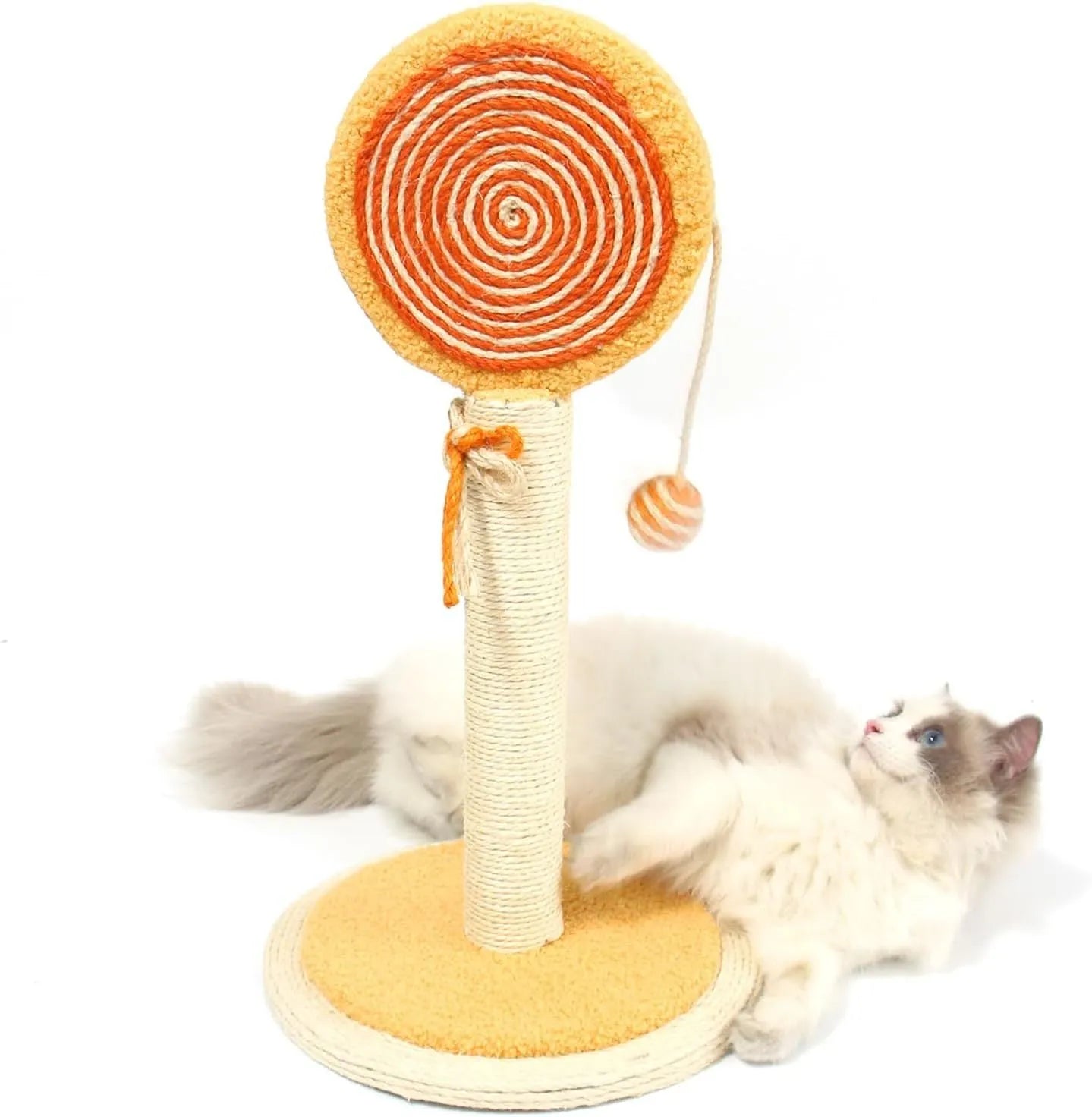 Cat scratching post with natural sisal rope surface and hanging ball toy on heavy-duty stable base