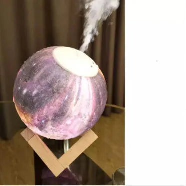 Wood grain spherical USB humidifier and night light on a table, showing its 13 cm size.
