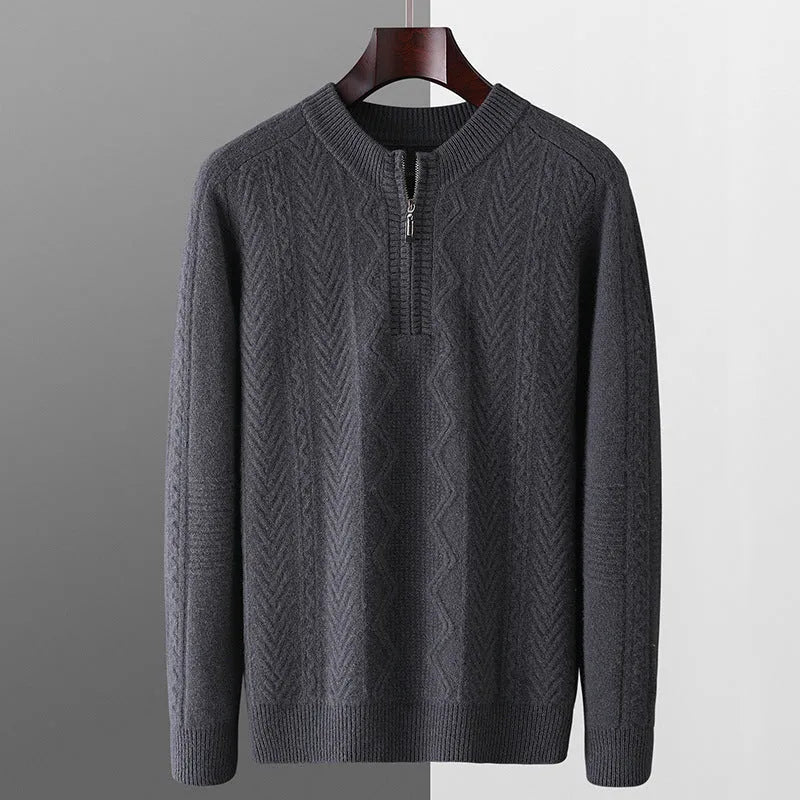 Men's pure wool diamond pattern half zip sweater in camel colour with lattice knit texture