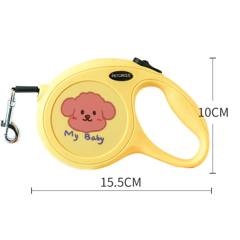 Plastic retractable dog leash 5 metres long cartoon design in blue, pink, and yellow colours