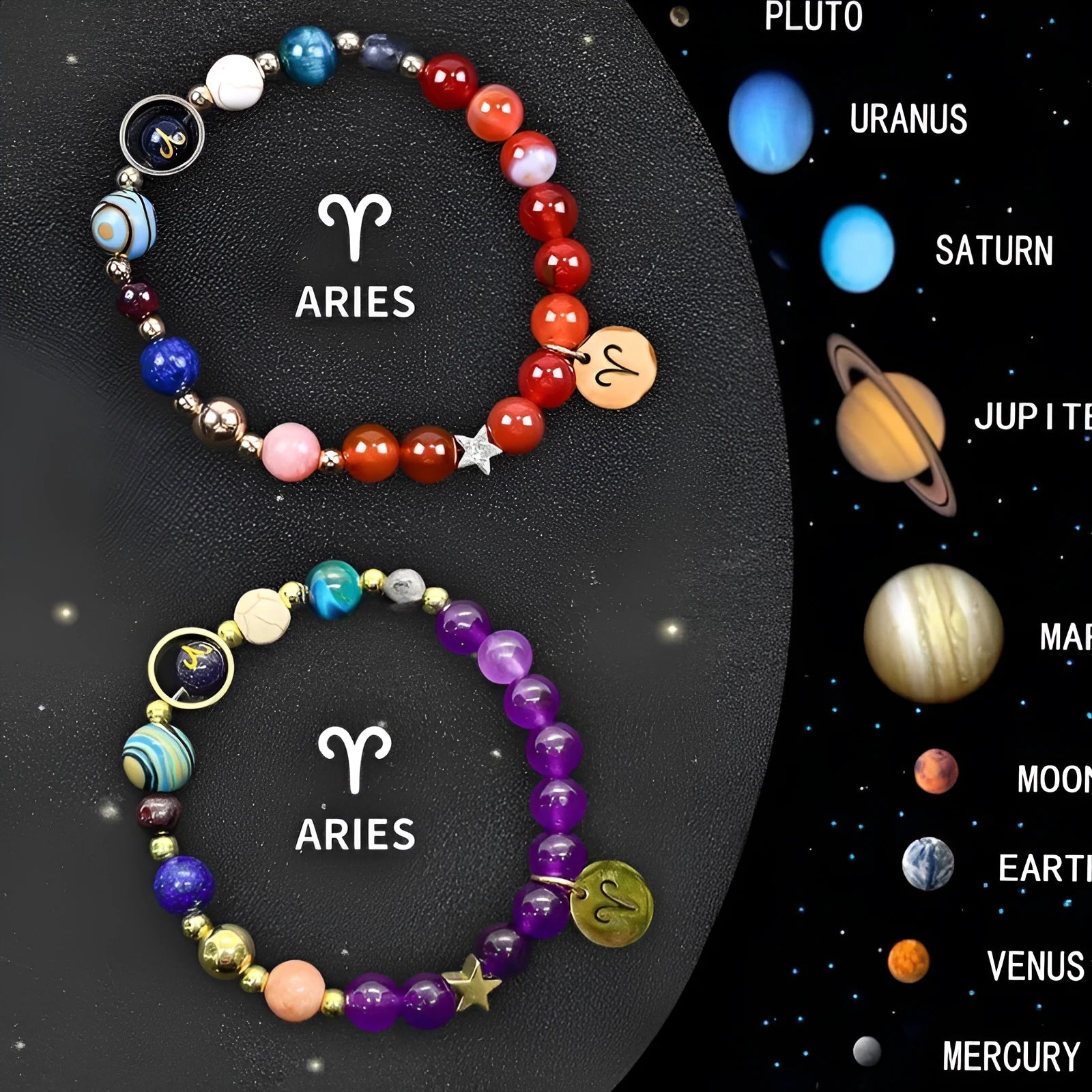 Natural stone zodiac sign bracelet set showing two adjustable bracelets with twelve zodiac designs