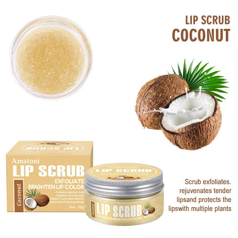 Amatoni lip scrub cream pot in coconut, raspberry, vanilla, or watermelon flavour, 30g.