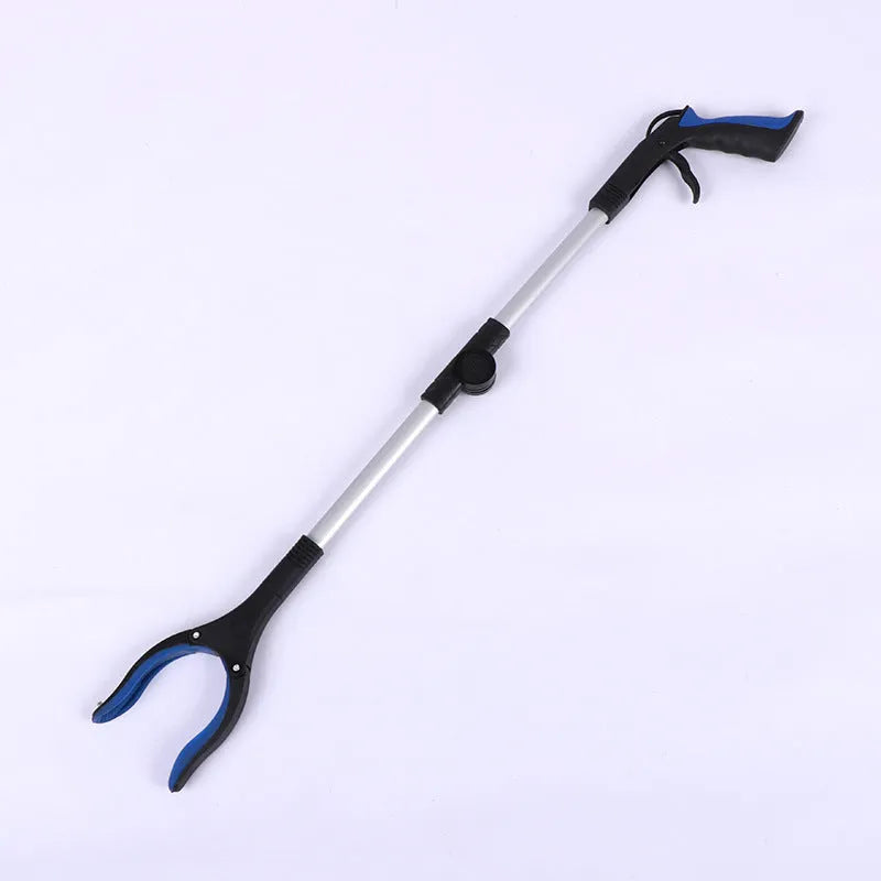 Folding aluminium rubbish clamp with magnetic tip, shown extended and collapsed, with blue handle option.