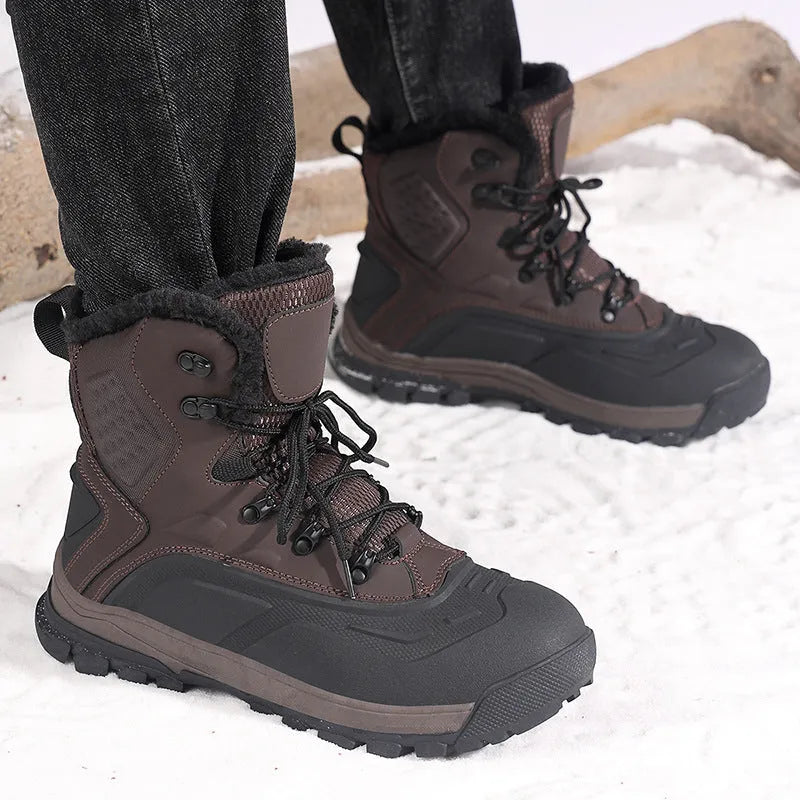 Men's black fleece-lined high-top lace-up boots with a tall upper and ribbed sole.