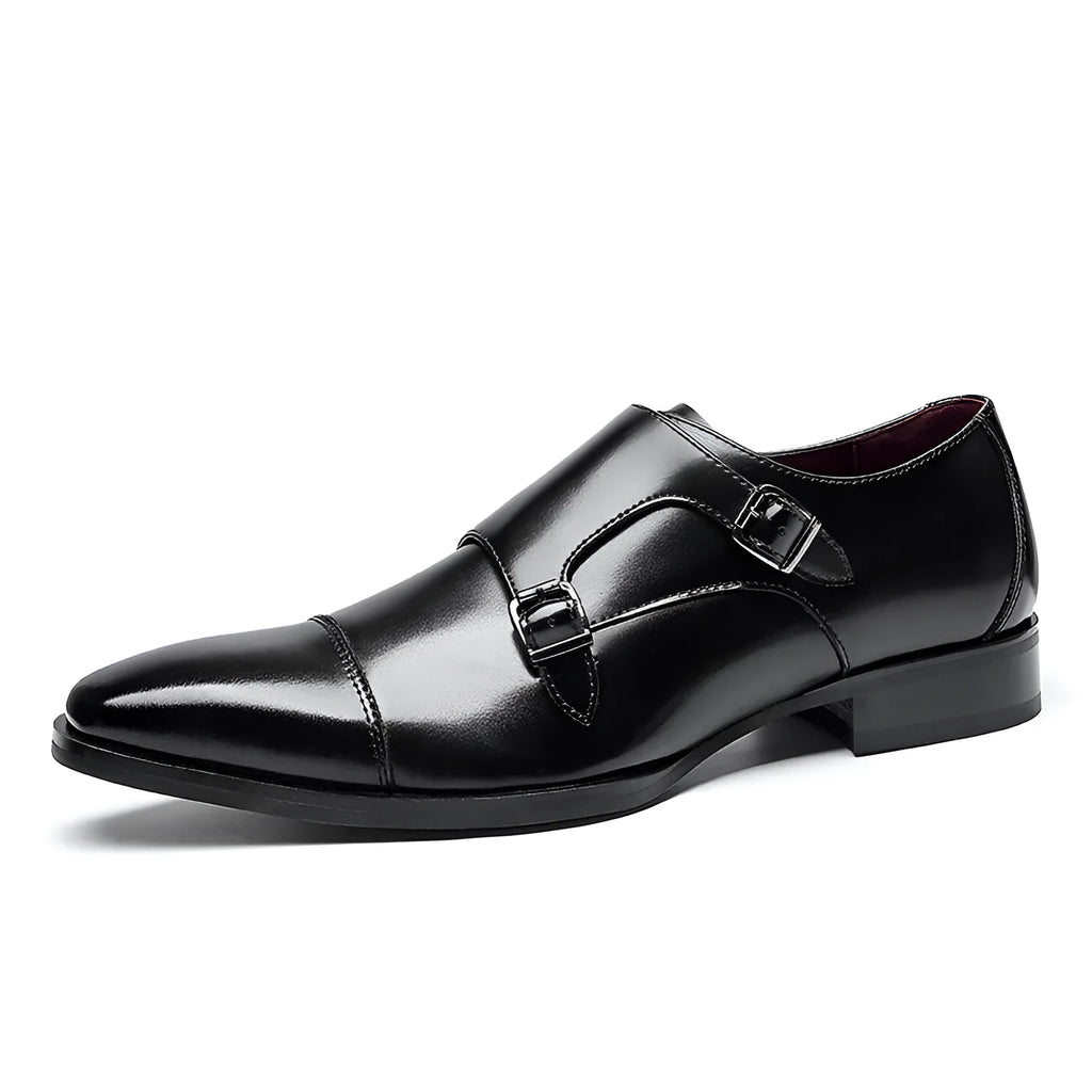 Men's square-toe leather shoes in black and light brown, showing low-top design and rubber sole.