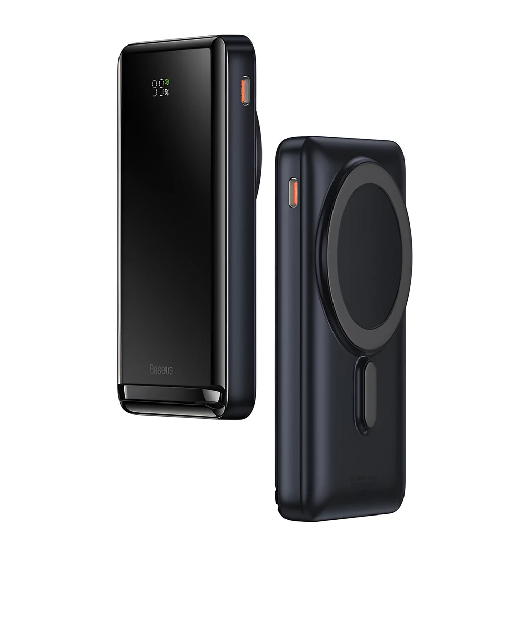 Slim blue magnetic power bank with wireless charging capability showing dimensions