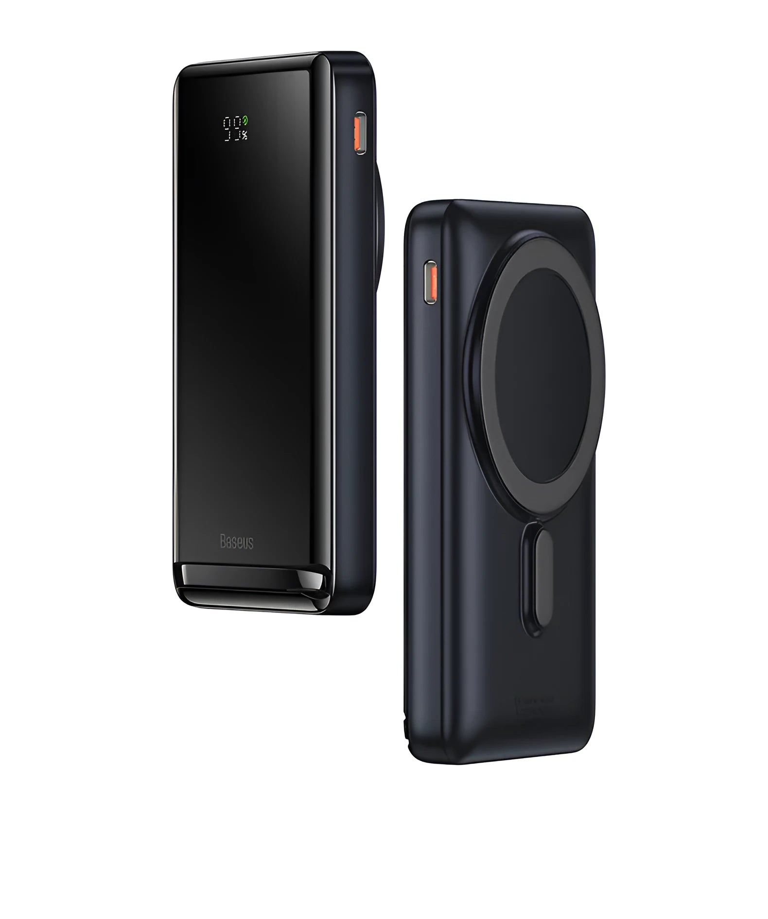 Slim blue magnetic power bank with wireless charging capability showing dimensions