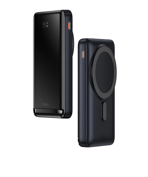 Slim blue magnetic power bank with wireless charging capability showing dimensions