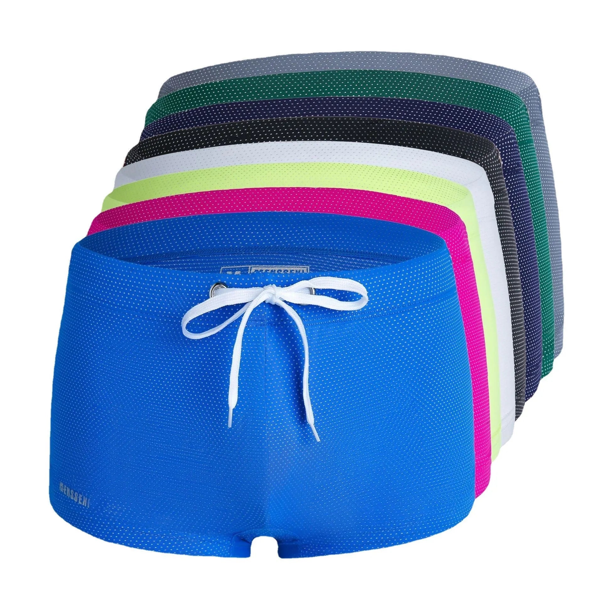 Men's low waist boxer style nylon swimming trunks in multiple solid colours