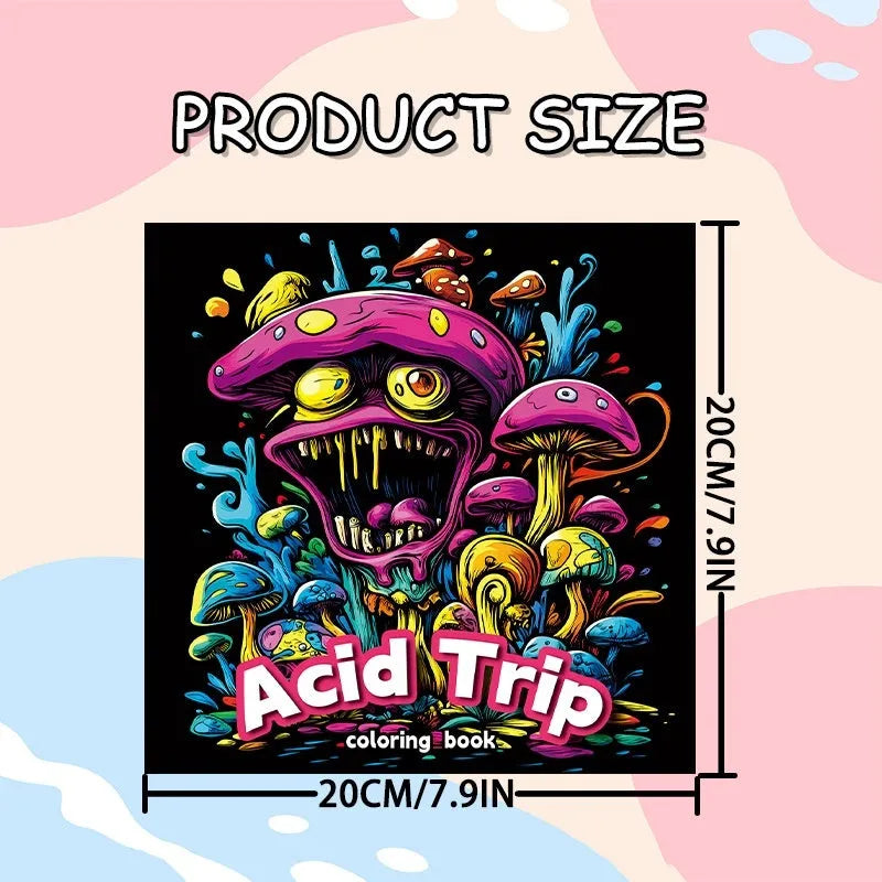 Acid tour coloured creative painting book with 200mm length, shown closed.