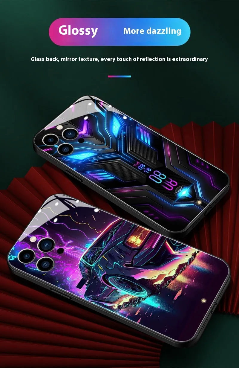 Racing car creative style glass phone case for Apple iPhone 15 in green with shockproof and anti-fingerprint protection