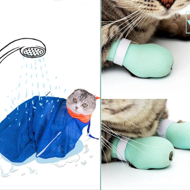 Four green silicone cat anti-scratch foot cover gloves for hand protection during washing and feeding