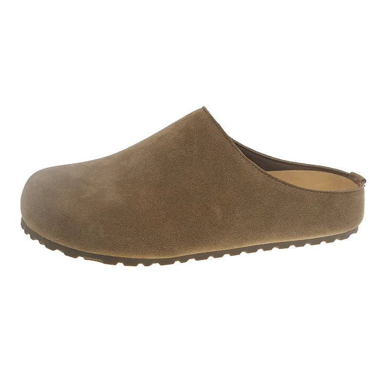 Korean style square toe outdoor slippers in apricot colour with a microfiber upper and PU sole.
