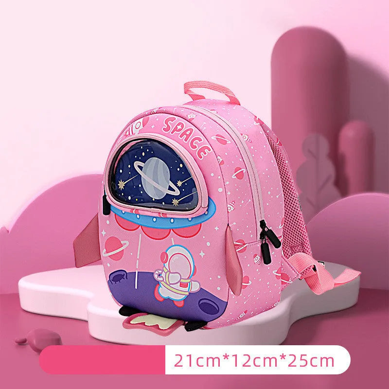Breathable cartoon rocket anti lost kids backpack in pink SBR diving material with astronaut print