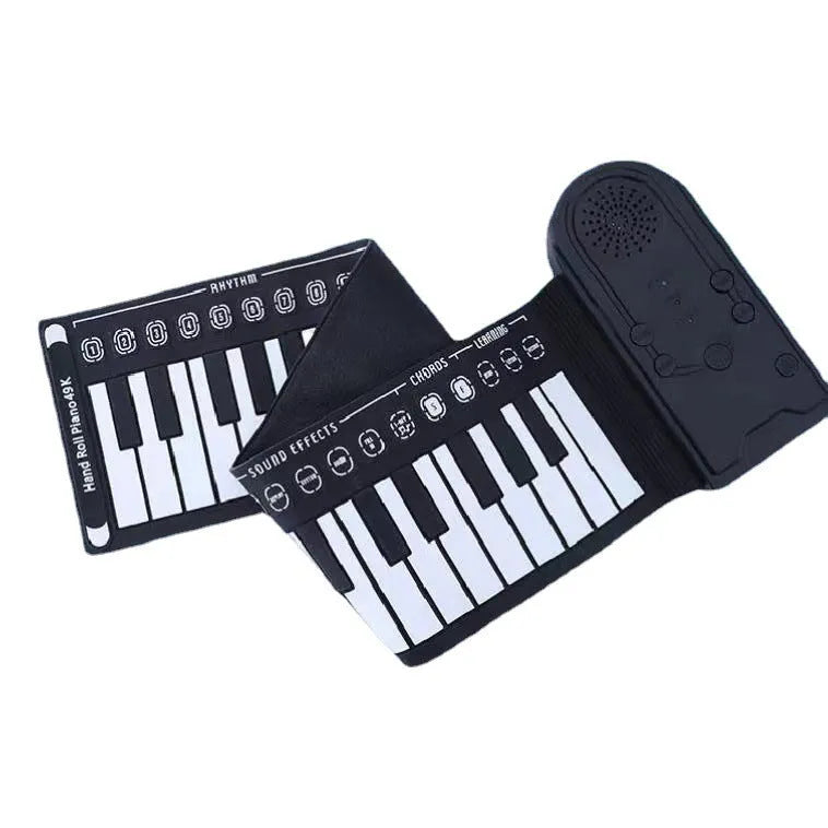 Portable folding electronic keyboard with roll-up silicone keys and ABS control panel in black, silver, or white.