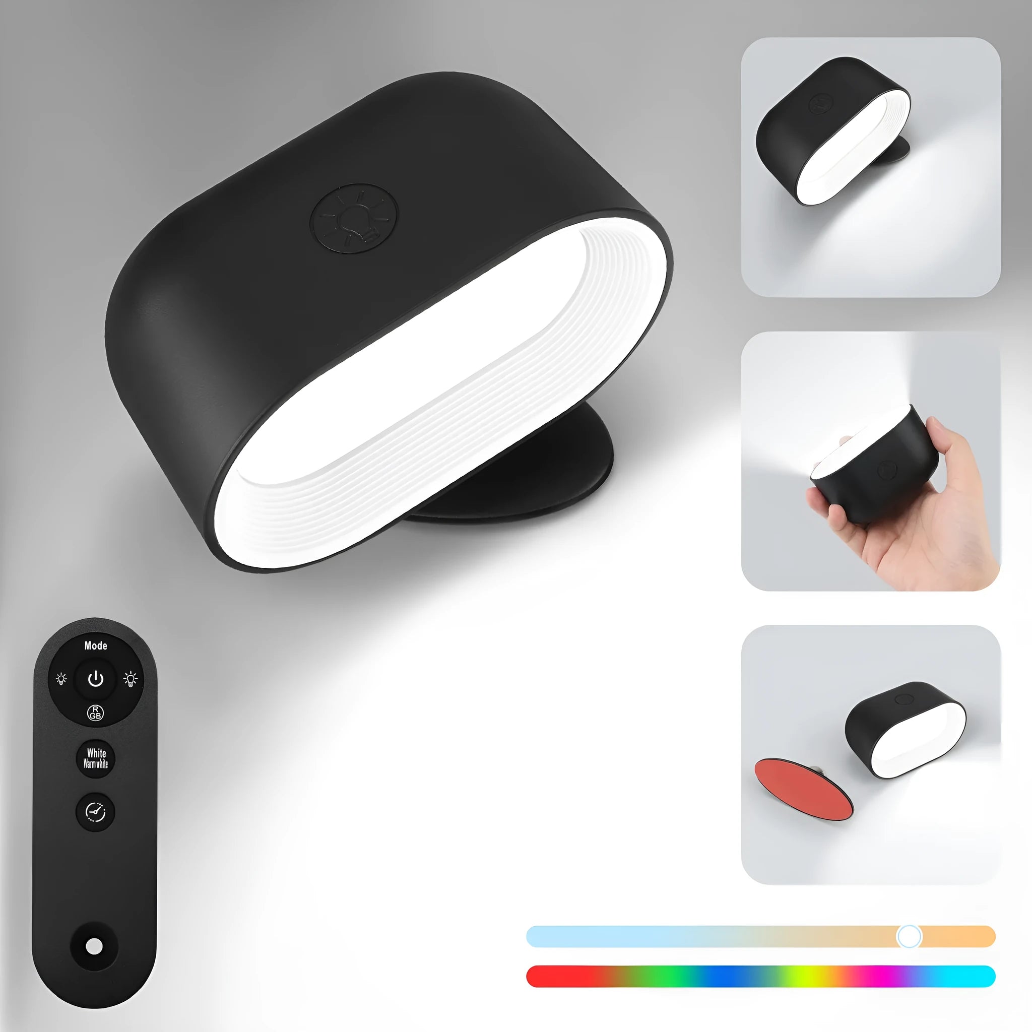 Oval white remote touch magnetic wall lamp on a wall with colour changing lights.