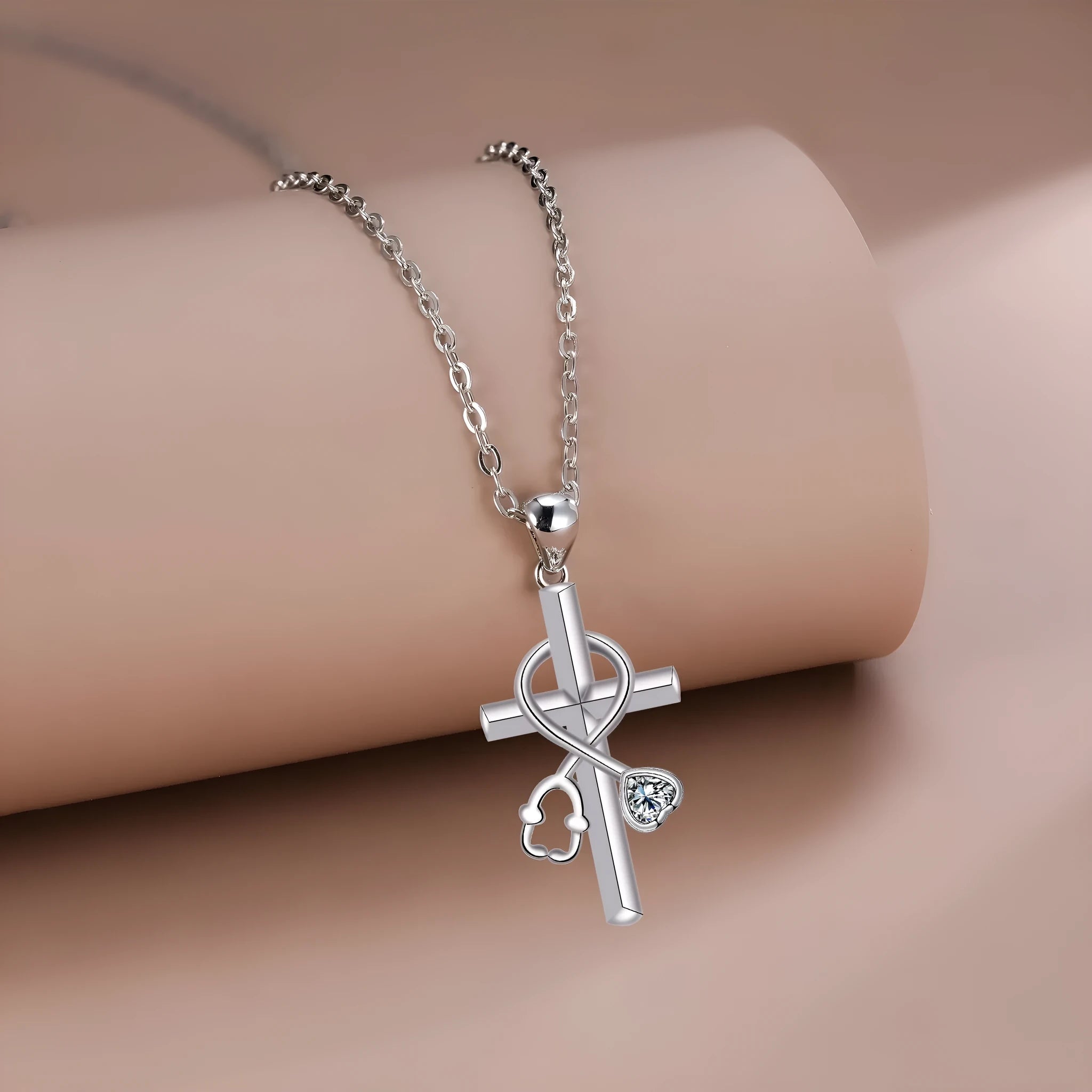 Cross stethoscope necklace with electroplated copper pendant on cross chain