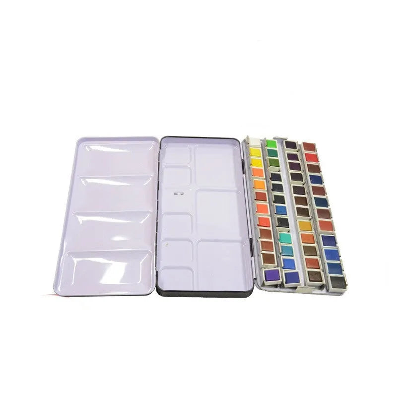 Empty square tinplate paint box for solid watercolours with folded compartments.