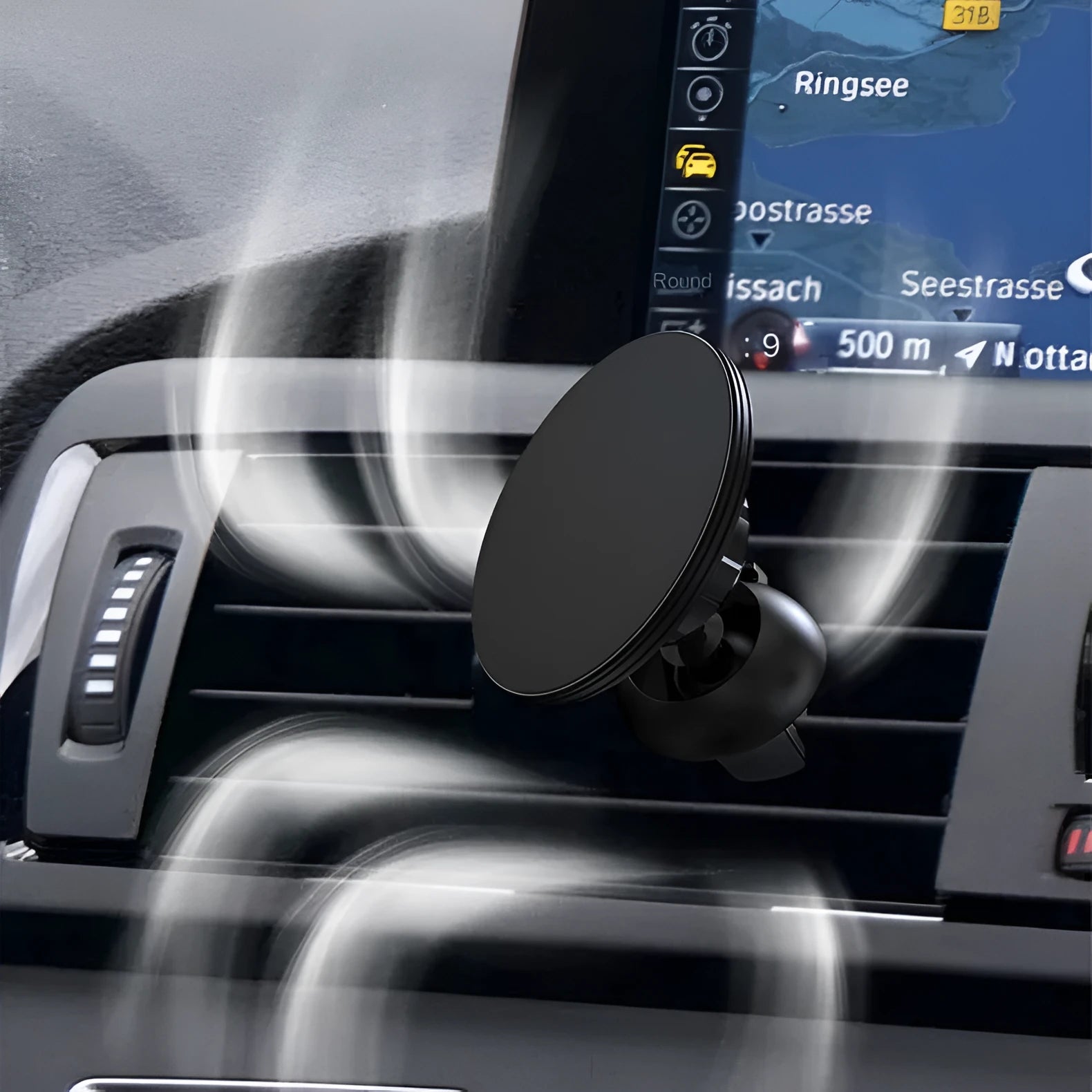 Black aluminium alloy magnetic suction car air outlet mobile phone holder mounted on central control vents