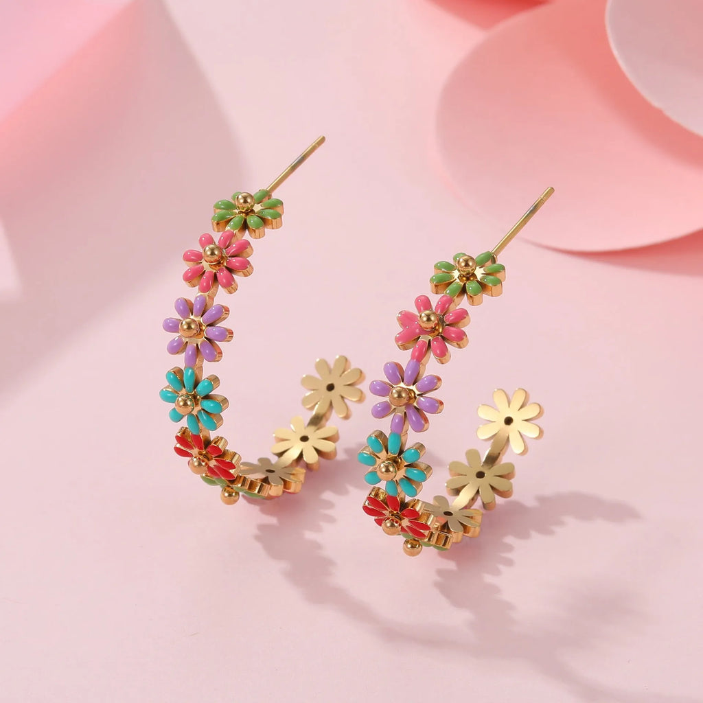 Stainless steel bracelet with oil dripping colour finish in flower and geometric shape, electroplated