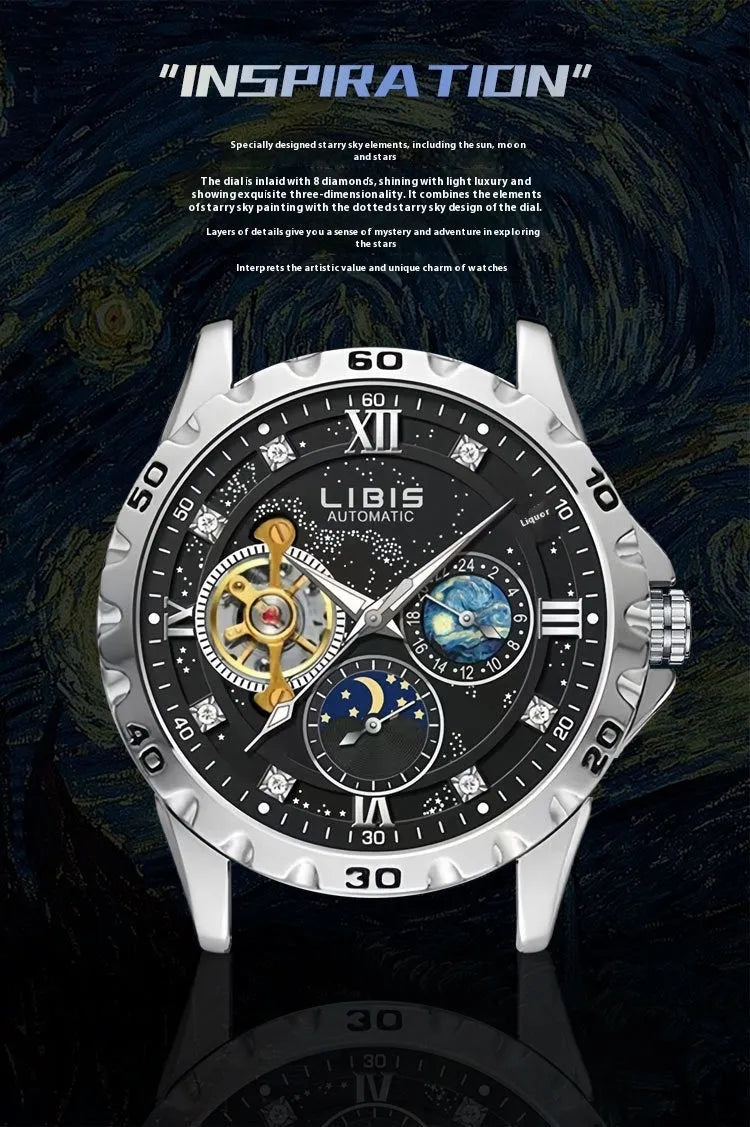 Men's silver automatic mechanical watch with starry dial, luminous hands, and black leather strap.