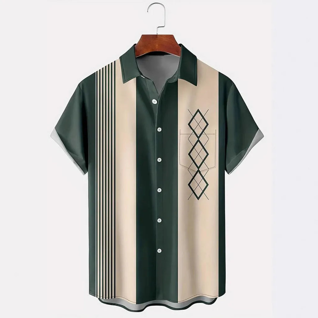 Man wearing a loose fit plaid short sleeve shirt with a lapel collar in a cardigan style.