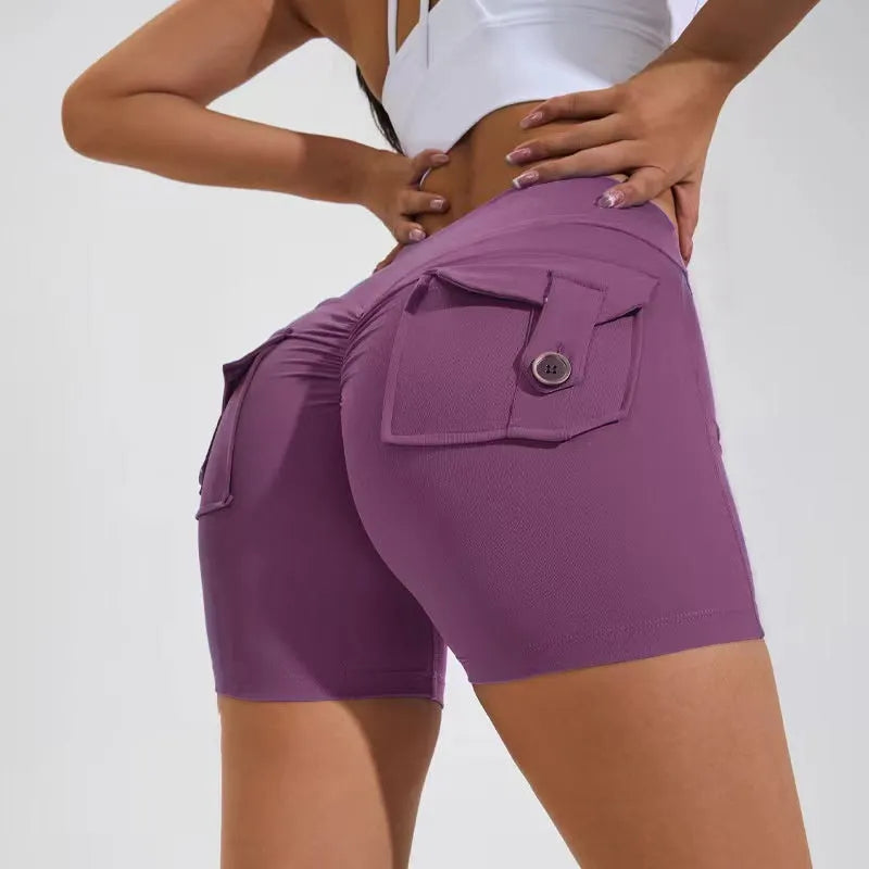 Women's high-waisted hip lifting shorts with pockets in quick-dry nylon fabric