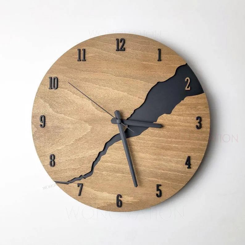 Modern wooden wall clock with crack effect finish, 20cm diameter, showing style option